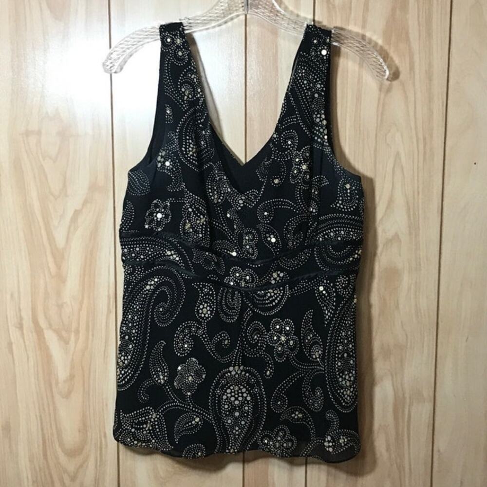 Ann Taylor Black Sequin Paisley Silk V-Neck Sleeveless Tank Top 10